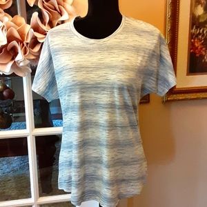Chico's blue ombre rainbow scoop neck high low tee short ragland sleeve S New…